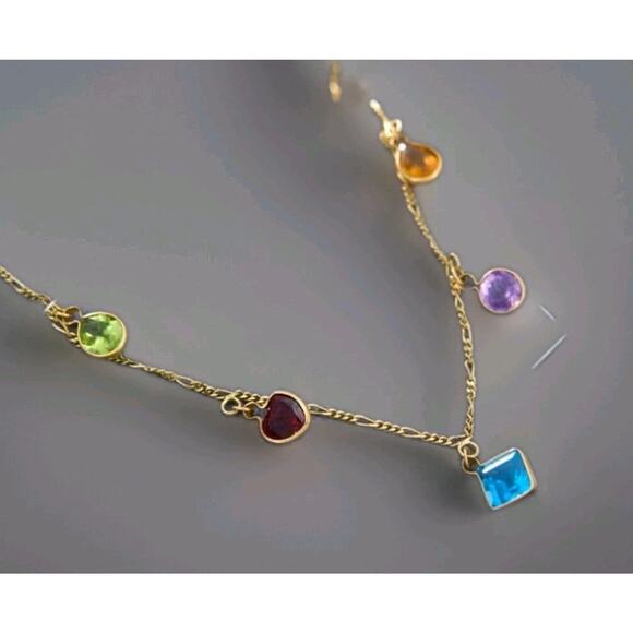 Bejeweled Gemstone Station Necklace 14K Yellow Gold 18' Inch Figaro Chain. - Picture 1 of 6